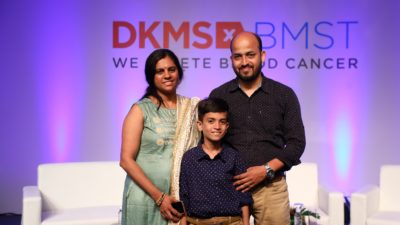 Stem cell beneficiary Chirag and his parents at the DKMS-BMST launch in Bengaluru today